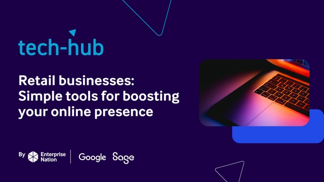 Tech Hub promotional graphic with text: "Retail businesses: Simple tools for boosting your online presence." Features a laptop keyboard.